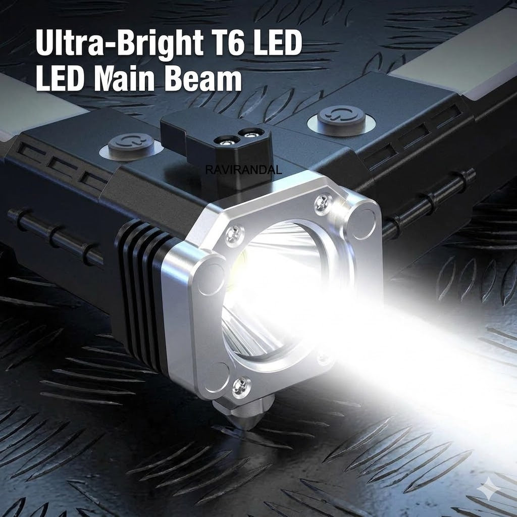 8 in 1 Rechargeable LED Torch Flashlight | Emergency Hammer & Power Bank