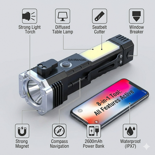 8 in 1 Rechargeable LED Torch Flashlight | Emergency Hammer & Power Bank