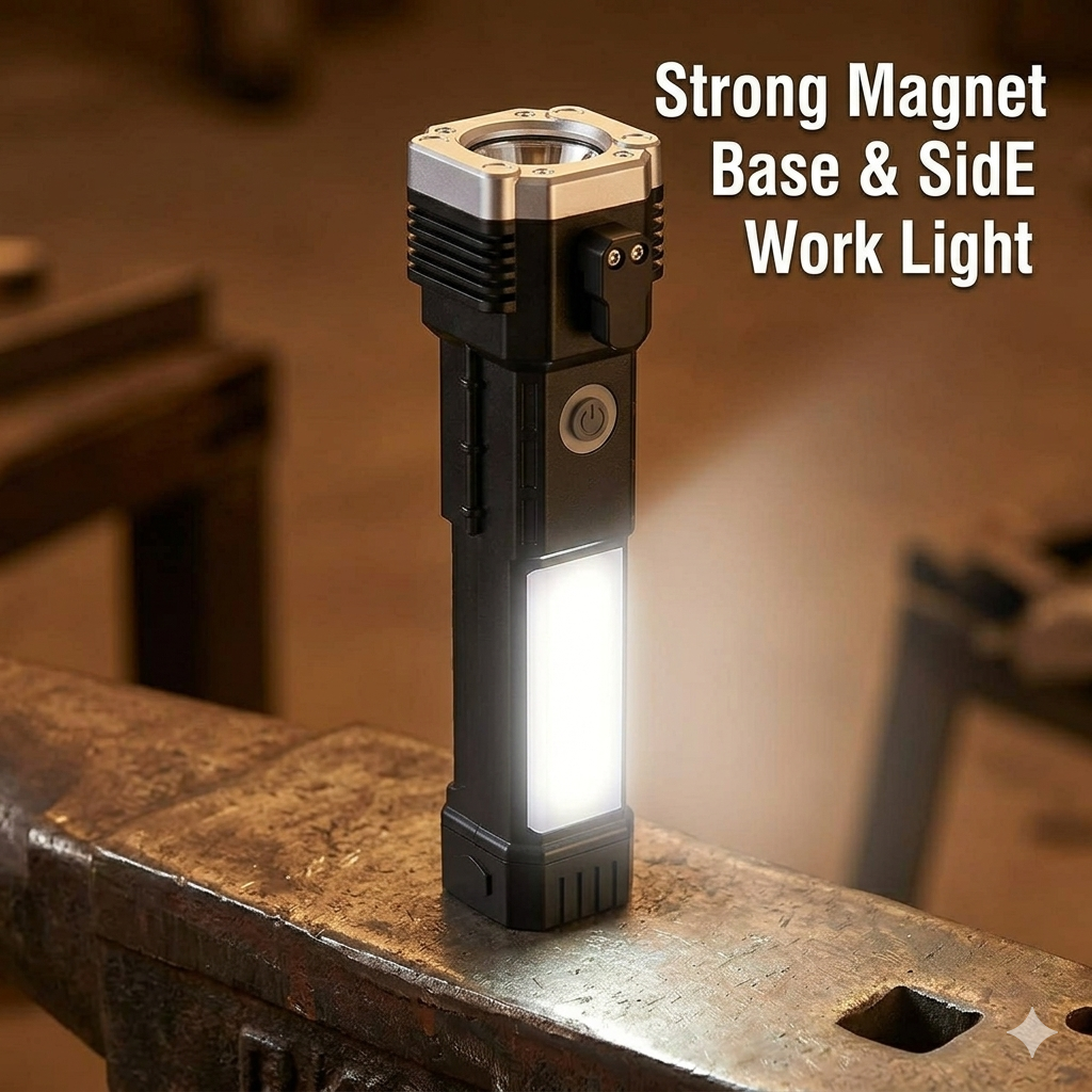 8 in 1 Rechargeable LED Torch Flashlight | Emergency Hammer & Power Bank