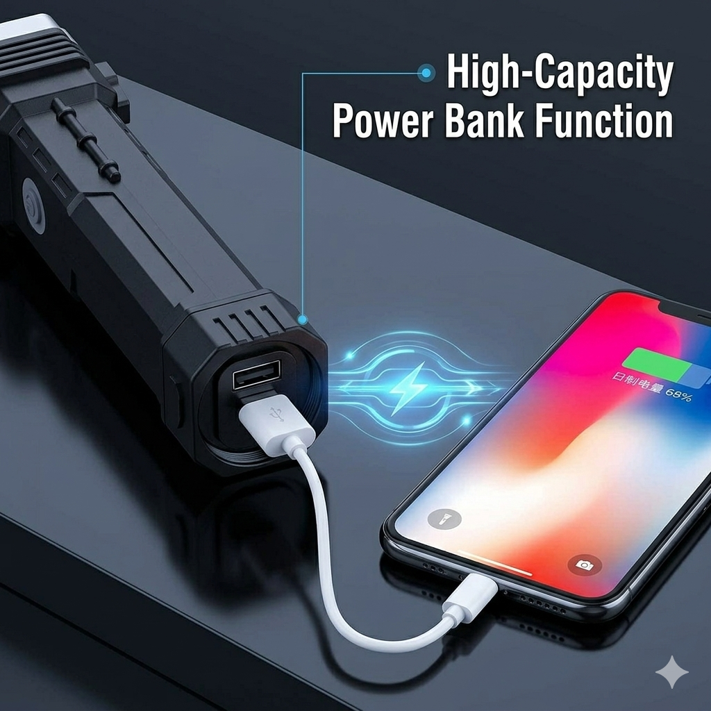 8 in 1 Rechargeable LED Torch Flashlight | Emergency Hammer & Power Bank