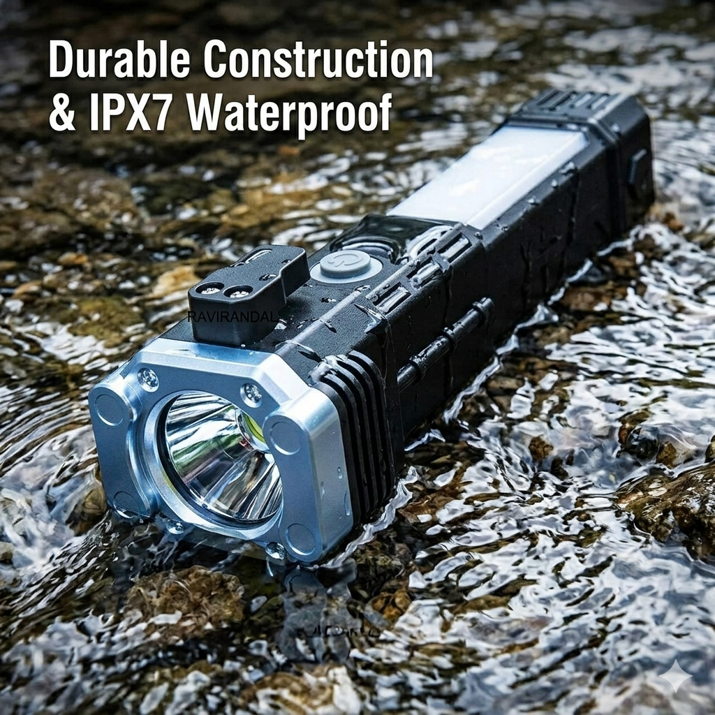 8 in 1 Rechargeable LED Torch Flashlight | Emergency Hammer & Power Bank