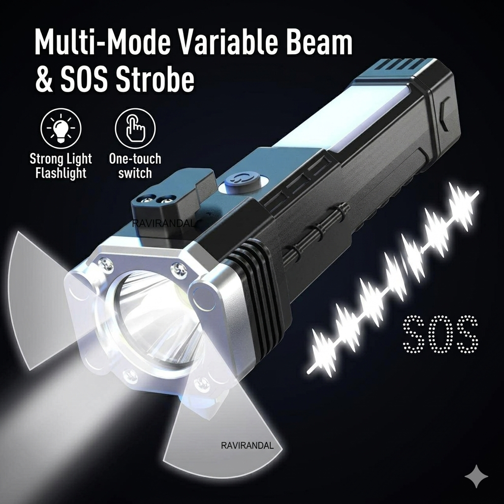 8 in 1 Rechargeable LED Torch Flashlight | Emergency Hammer & Power Bank