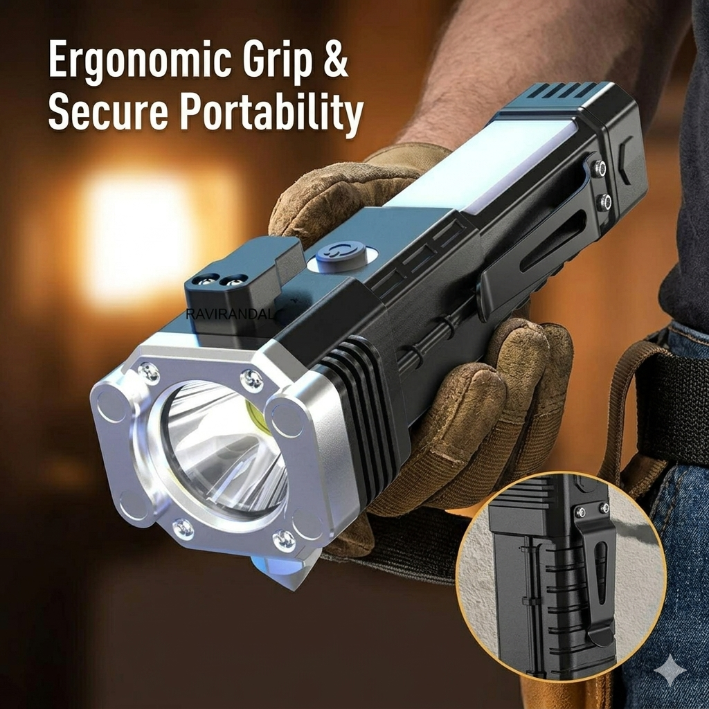 8 in 1 Rechargeable LED Torch Flashlight | Emergency Hammer & Power Bank