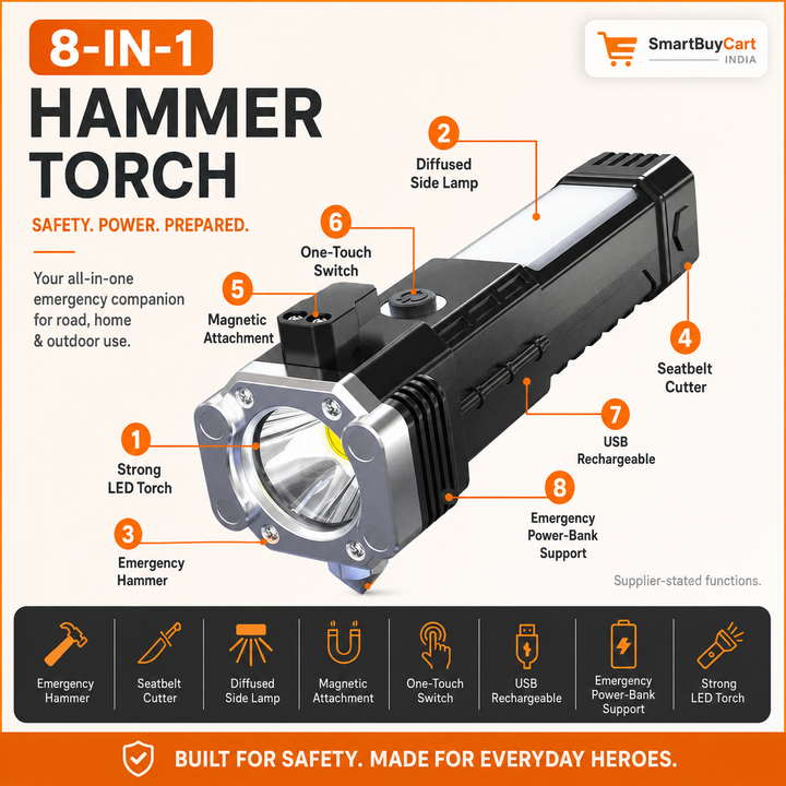 8-in-1 Rechargeable Emergency Hammer Torch with Power Bank, Magnet & Safety Cutter