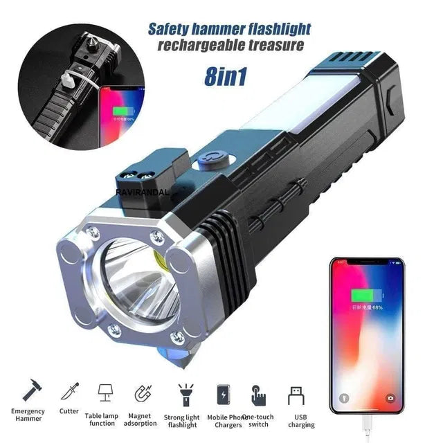 8 in 1 Rechargeable LED Torch Flashlight | Emergency Hammer & Power Bank