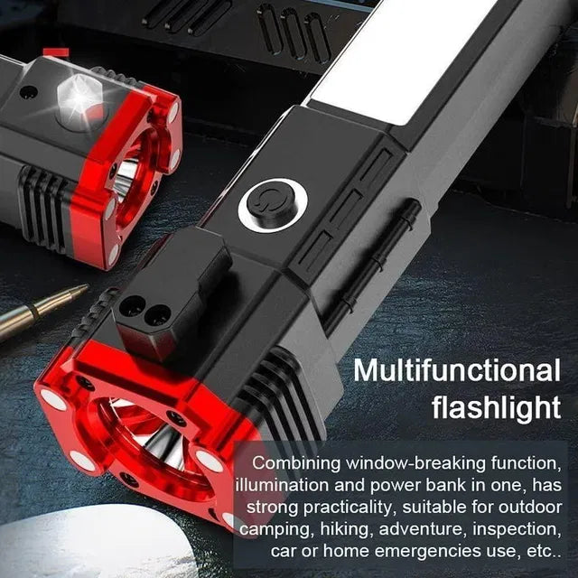 8 in 1 Rechargeable LED Torch Flashlight | Emergency Hammer & Power Bank