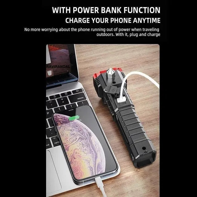 8 in 1 Rechargeable LED Torch Flashlight | Emergency Hammer & Power Bank